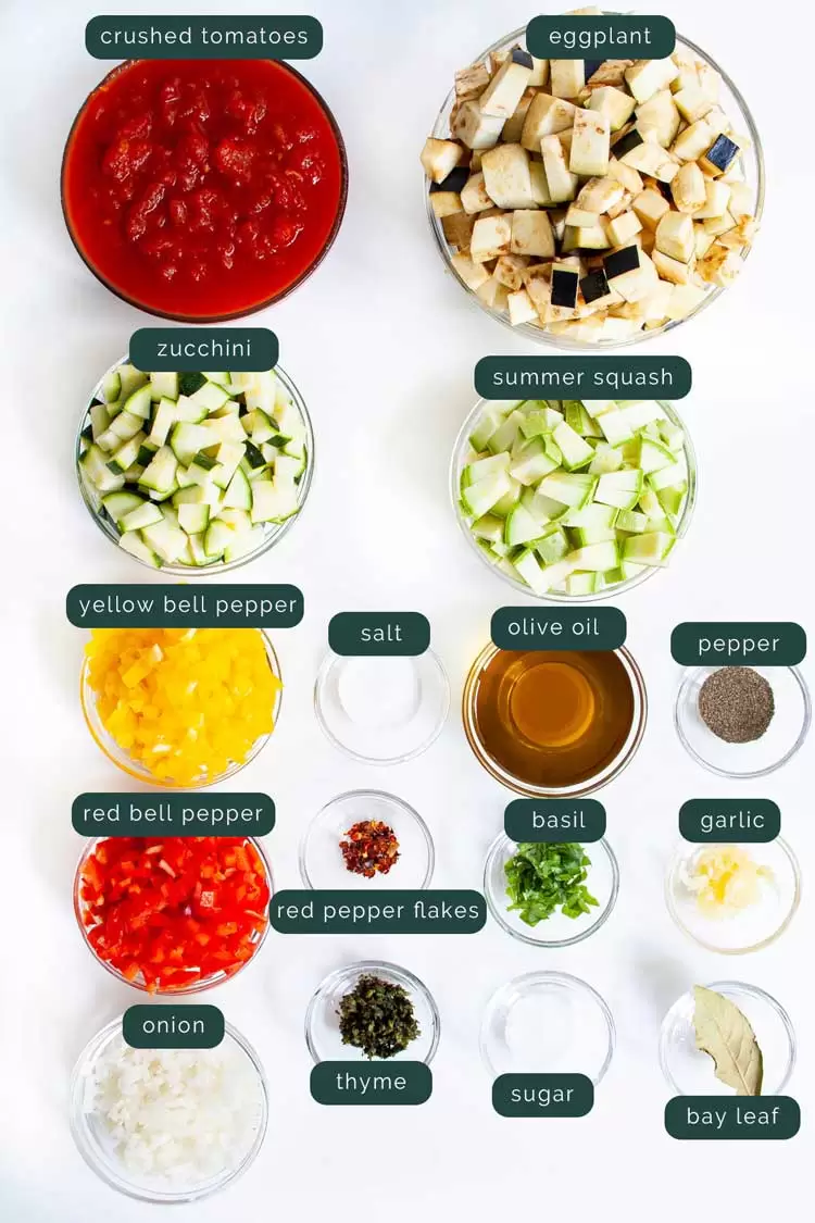 overhead shot of all ingredients needed to make ratatouille