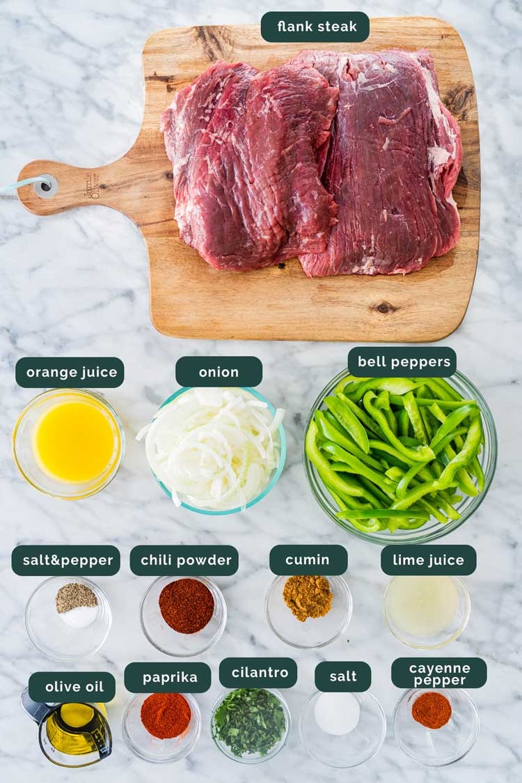overhead shot of ingredients needed to make steak fajitas