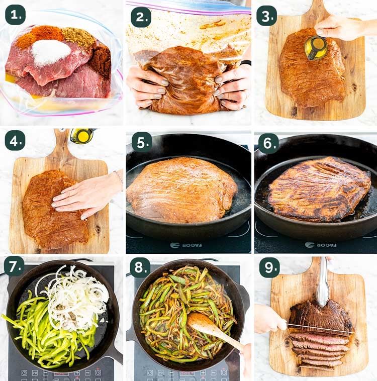 process shots showing how to make steak fajitas