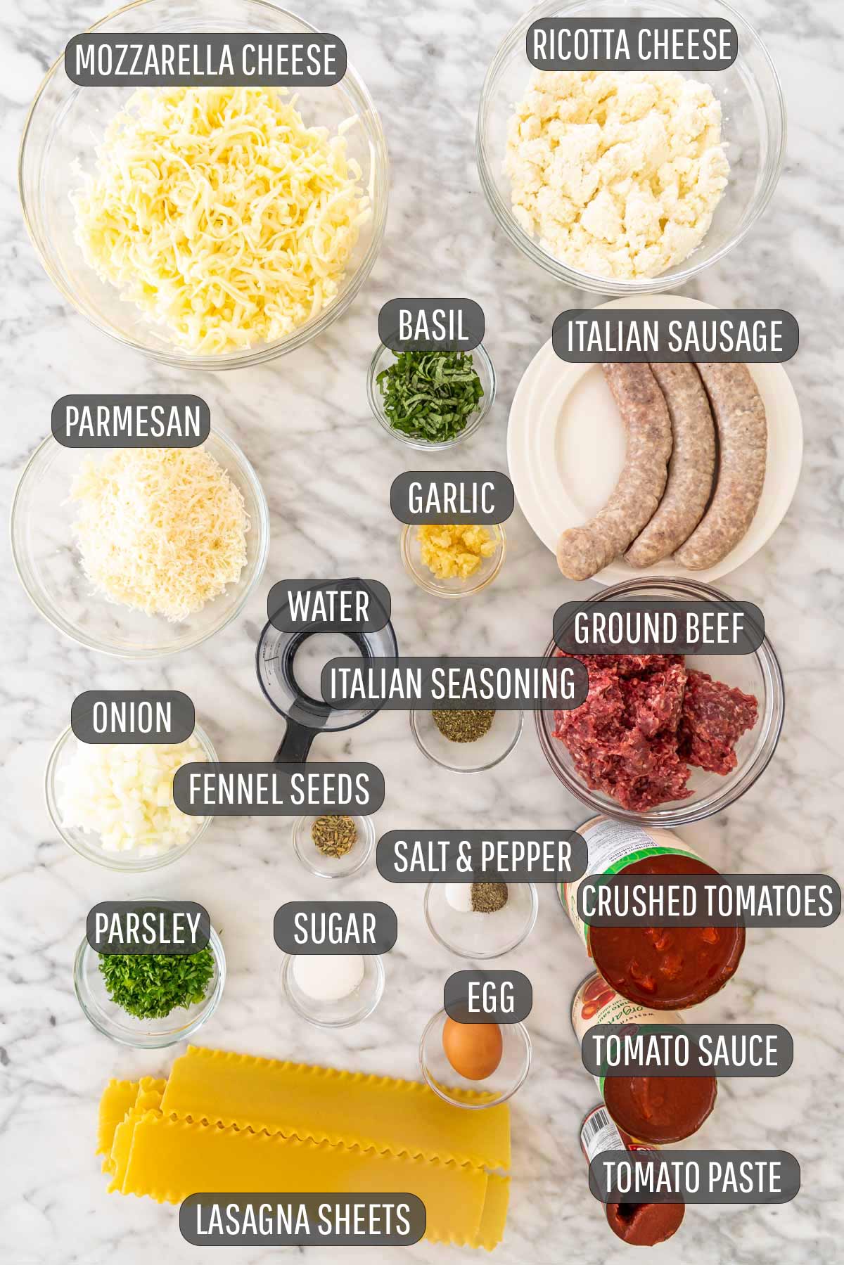 overhead shot of all the ingredients needed to make lasagna.