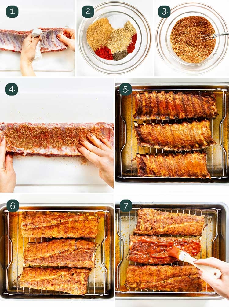 process shots showing how to make bbq baby back ribs in the oven 