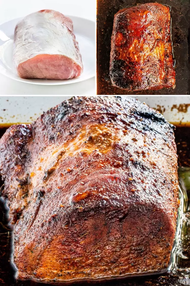 balsamic pork loin before and after roasting