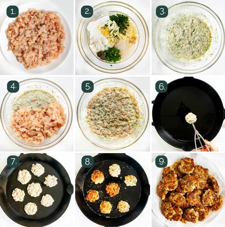 process shots showing how to make cheesy chicken fritters