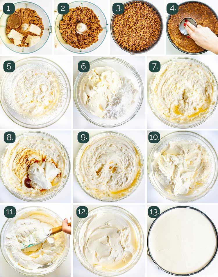 process shots showing how to make no bake cheesecake