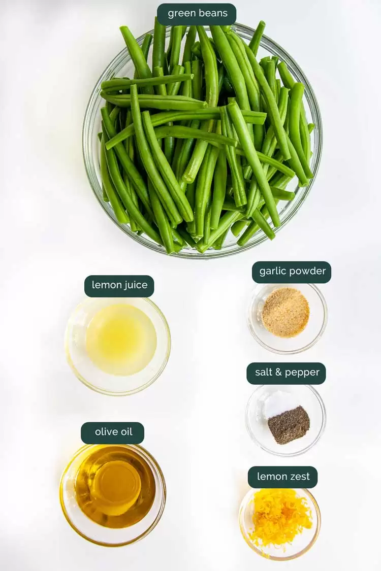 overhead shot of all the ingredients needed to make roasted green beans