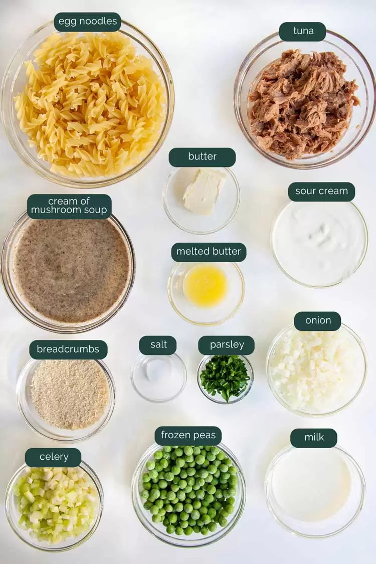 overhead shot of all the ingredients needed to make tuna noodle casserole