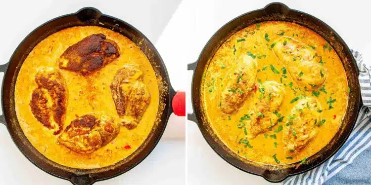process shots showing how to make spicy brazilian coconut chicken.