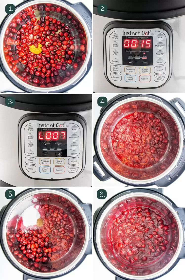 process shots showing how to make cranberry sauce in the instant pot