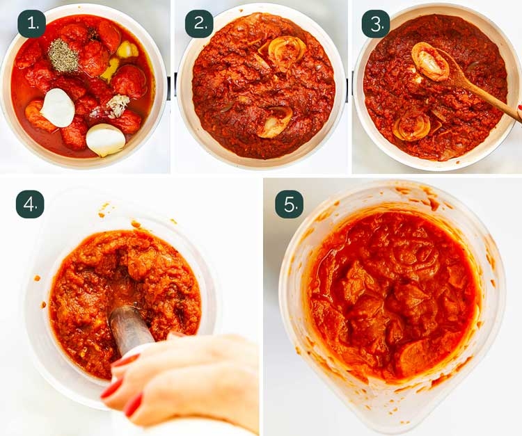 process shots showing how to make marinara sauce