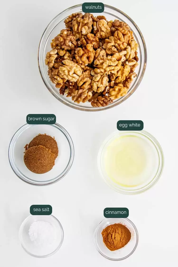 overhead shot of ingredients needed for making candied walnuts