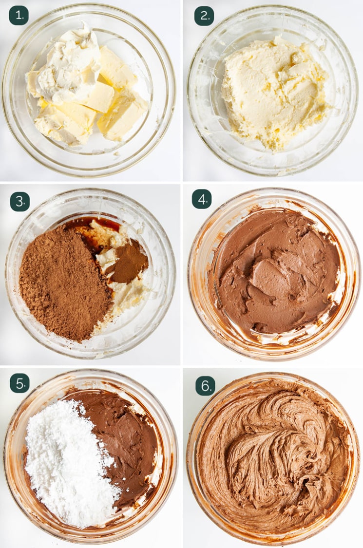 process shots showing how to make chocolate cream cheese frosting