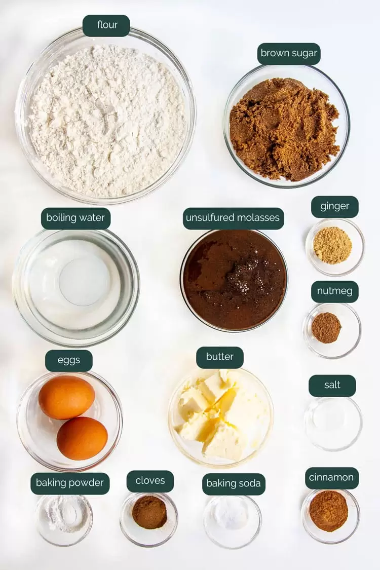overhead shot of all the ingredients needed to make gingerbread cake