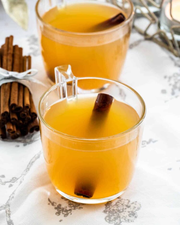 hot mulled cider in a mug with a cinnamon stick inside