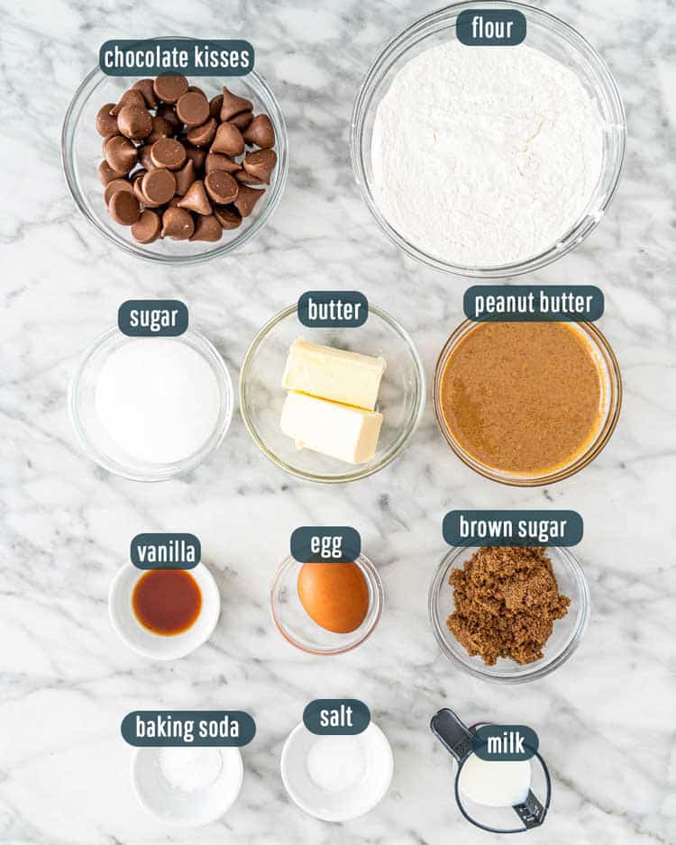 overhead shot of all the ingredients needed to make peanut butter blossoms