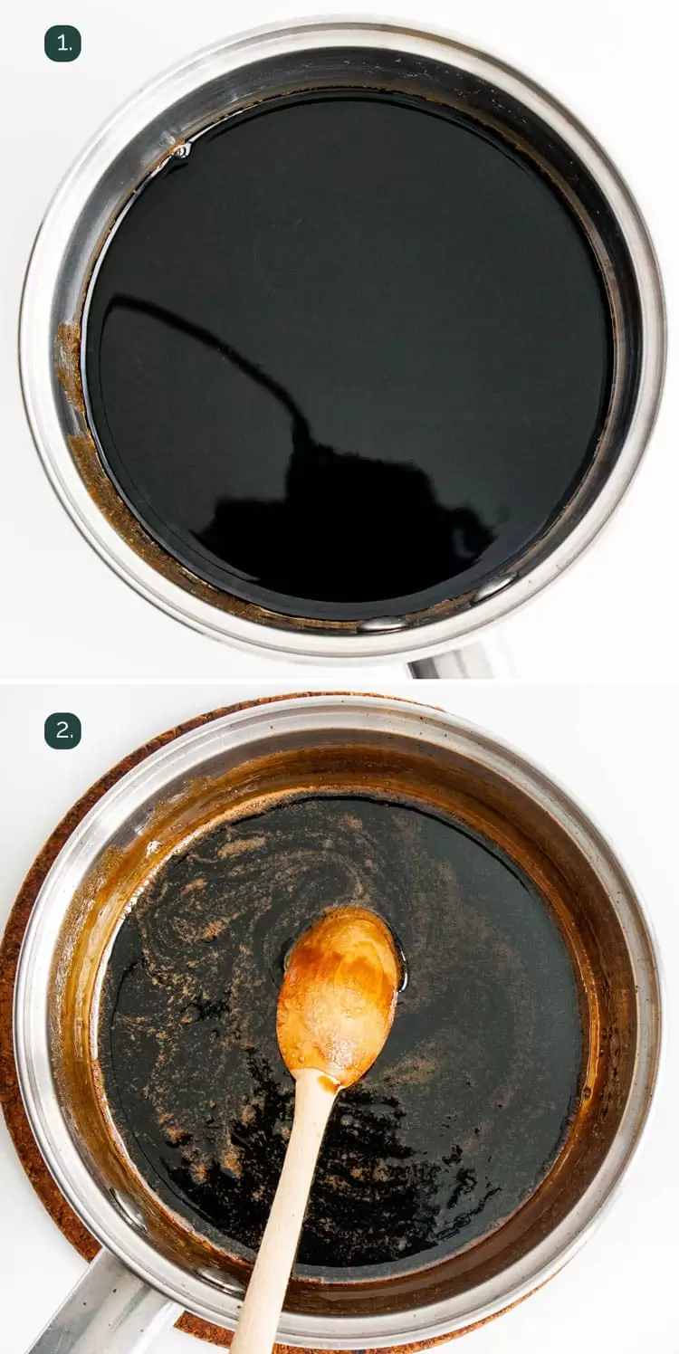 process shots showing how to make balsamic glaze