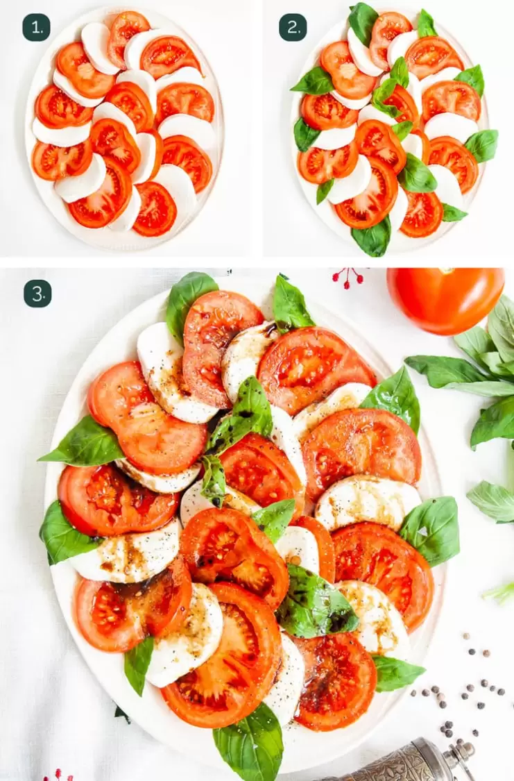 process shots showing how to make caprese salad