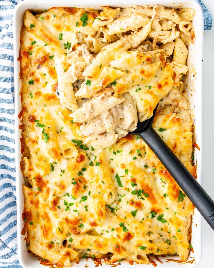 overhead shot of chicken alfredo bake with a spoon spooning some out