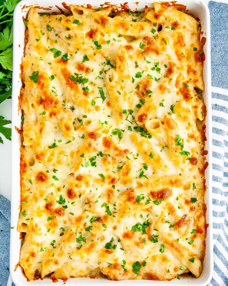 overhead shot of chicken alfredo bake in a casserole dish fresh out of the oven garnished with parsley