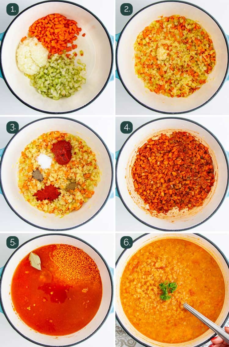 process shots showing how to make lentil soup