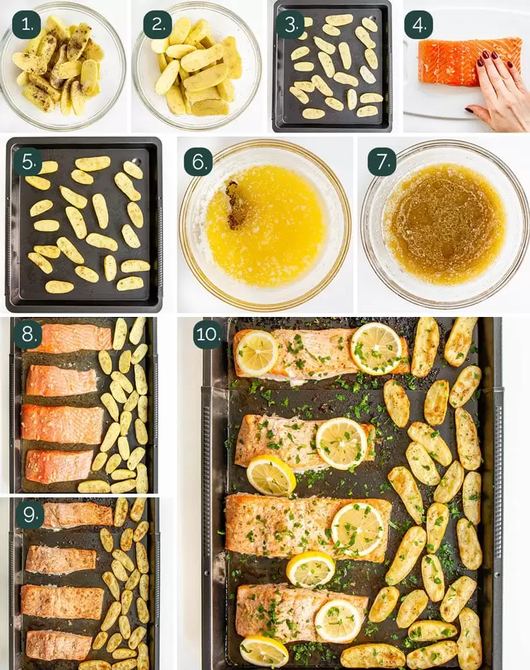 process shots showing how to make garlic butter baked salmon