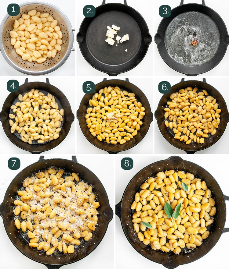 process shots showing how to make garlic parmesan butter gnocchi
