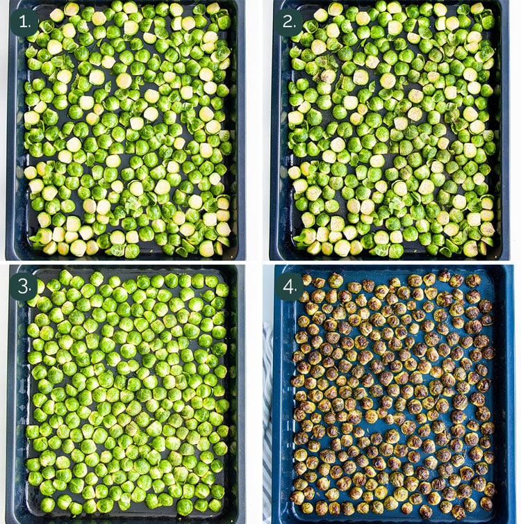 process shots showing how to make roasted brussels sprouts