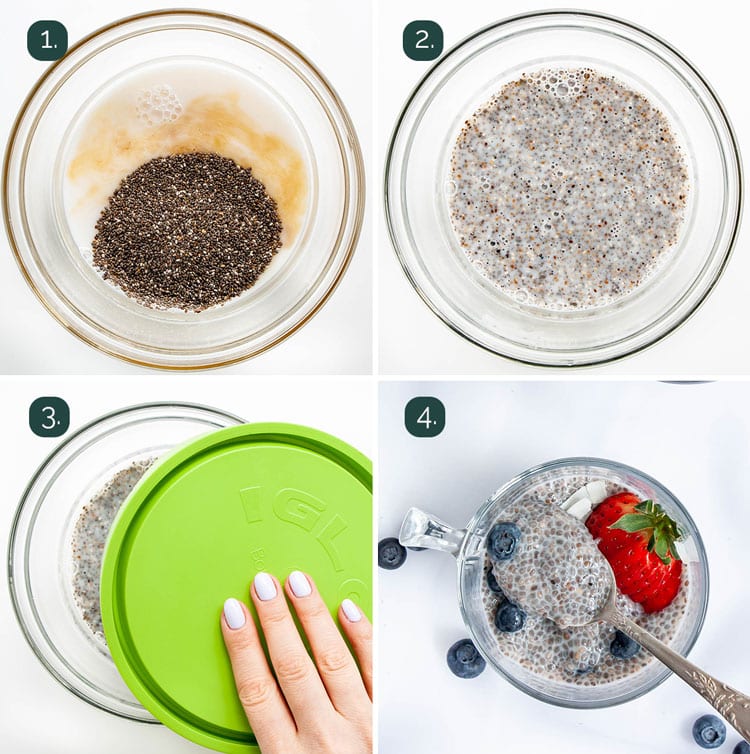 process shots showing how to make chia pudding