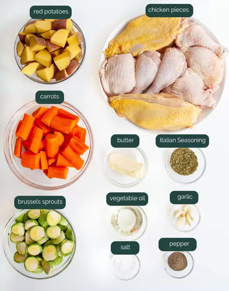 overhead shot of all the ingredients needed to make roasted chicken and vegetables
