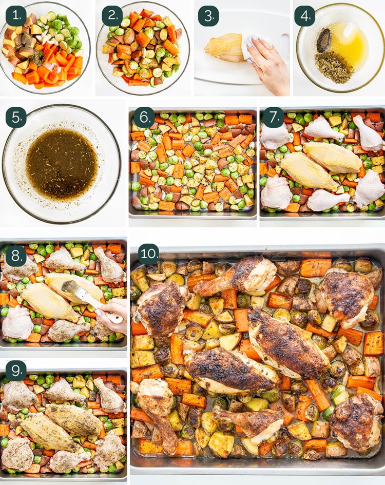 process shots showing how to make roasted chicken and vegetables