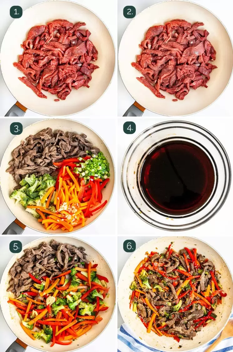 process shots showing how to make beef stir fry