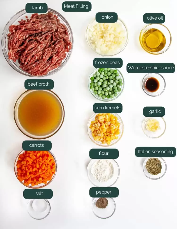 overhead shot of ingredients needed to make the filling for shepherd's pie