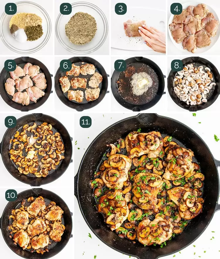 process shots showing how to make skillet chicken and mushrooms