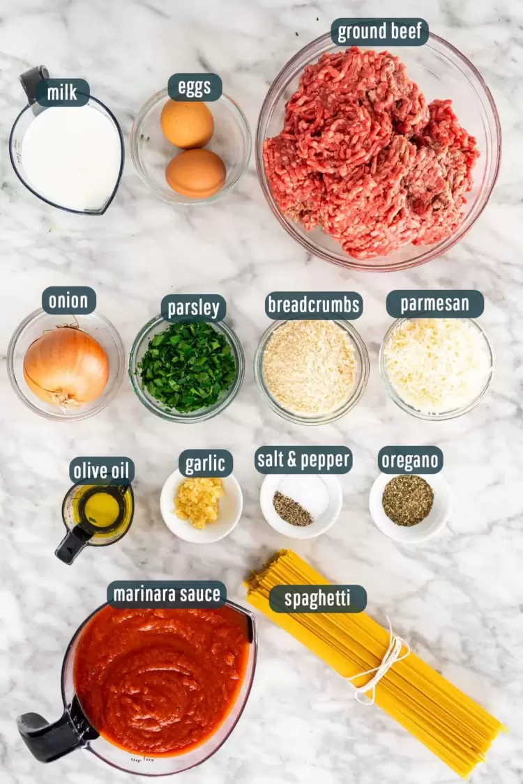 overhead shot of all ingredients needed to make spaghetti and meatballs