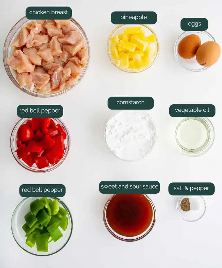 overhead shot of ingredients needed to make sweet and sour chicken