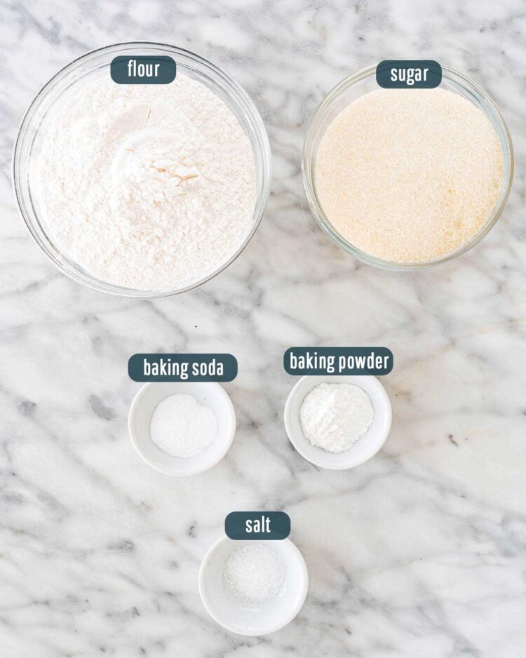 overhead shot of ingredients needed for cake mix