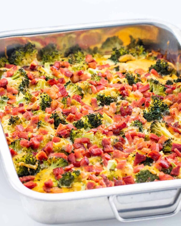 breakfast casserole fresh out of the oven in a casserole dish