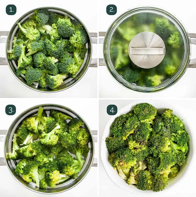 process shots showing how to steam broccoli