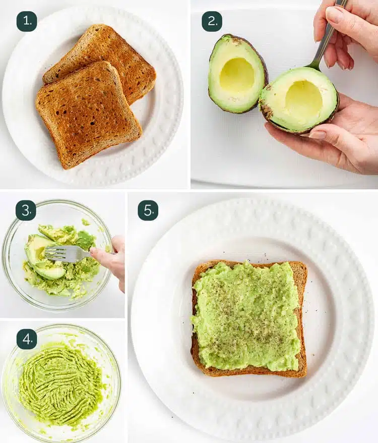process shots showing how to make avocado toast