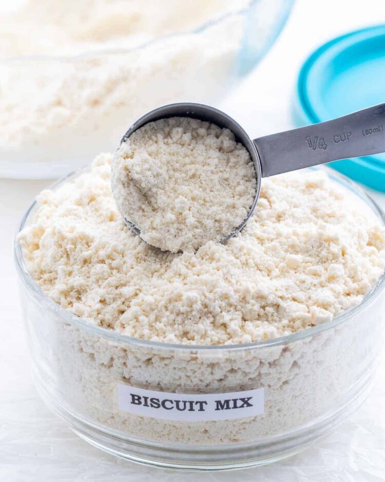 biscuit mix in an airtight container with a scoop in it
