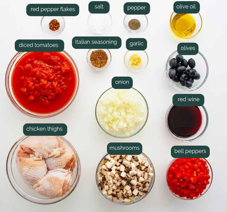 overhead shot of all ingredients needed to make chicken cacciatore