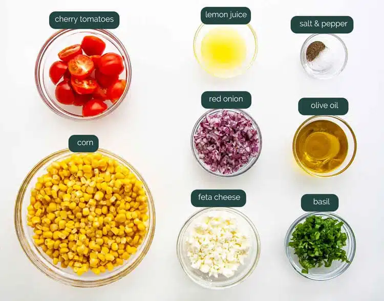 overhead shot of all the ingredients needed to make corn salad