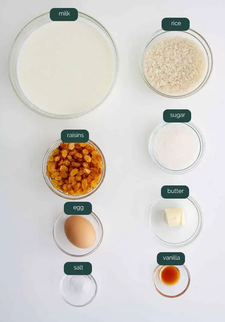 overhead shot of ingredients needed to make rice pudding