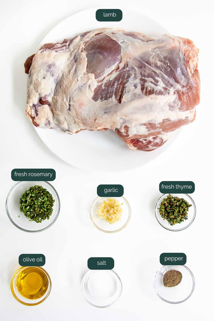 overhead shot of ingredients needed to make a roast leg of lamb