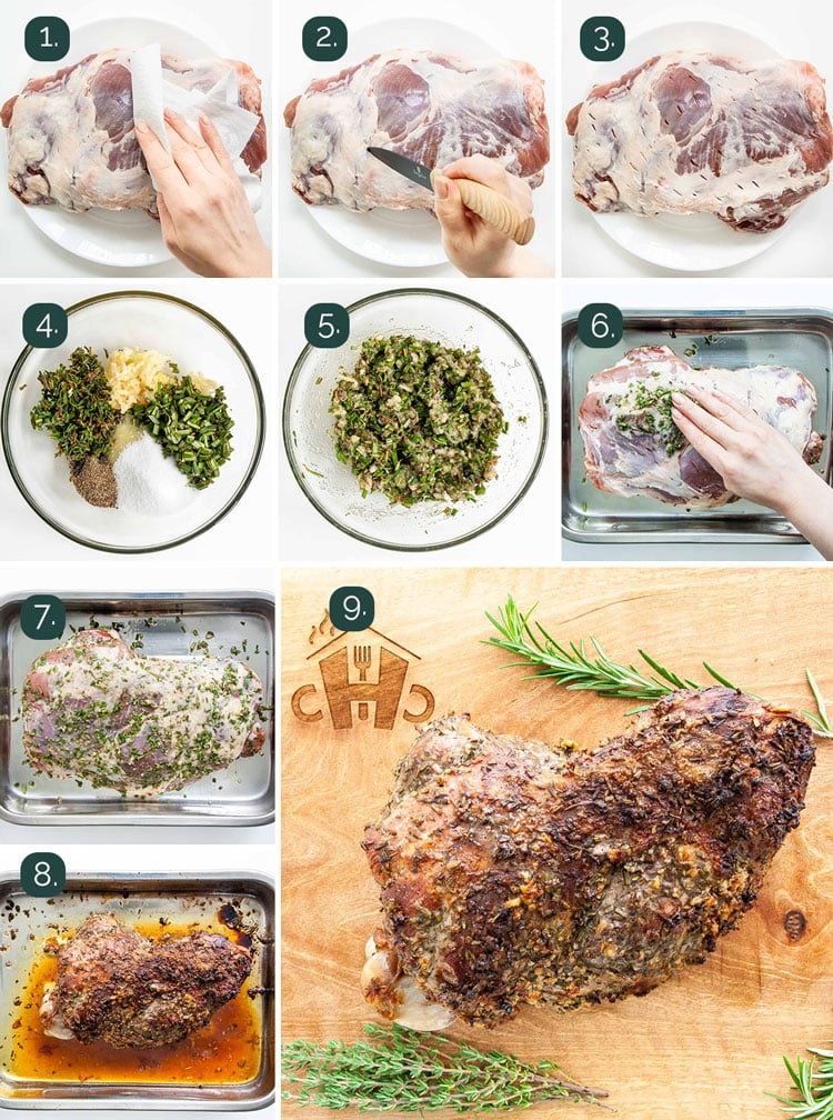 process shots showing how to roast a leg of lamb