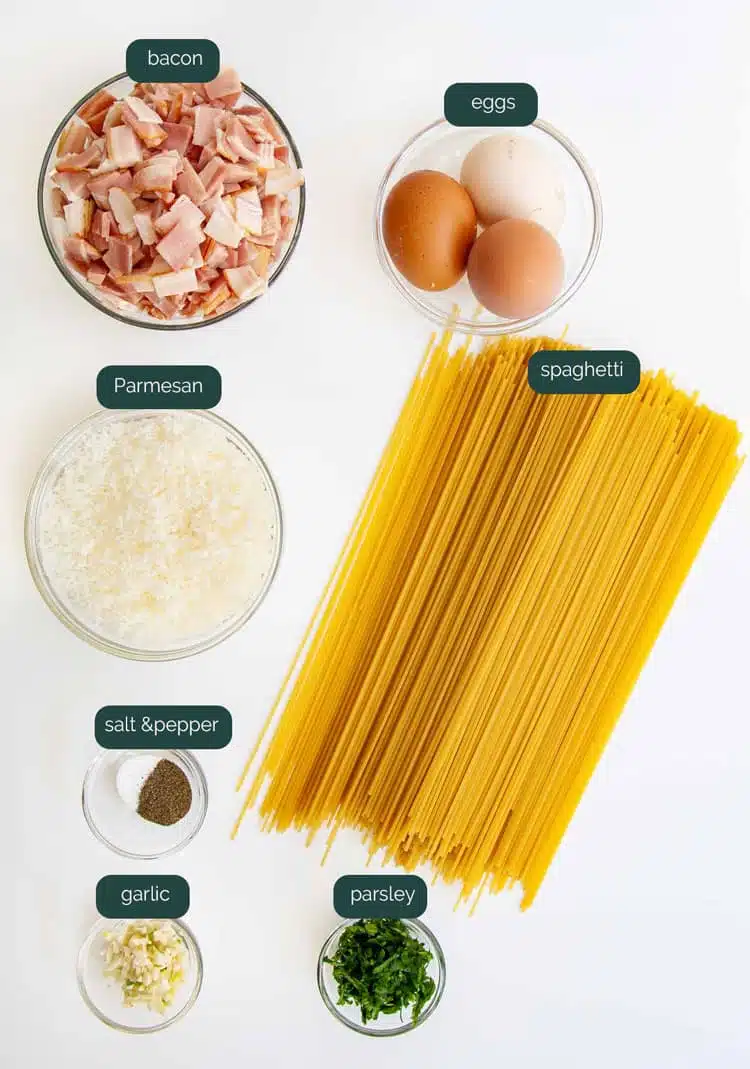 overhead shot of ingredients needed for making spaghetti carbonara