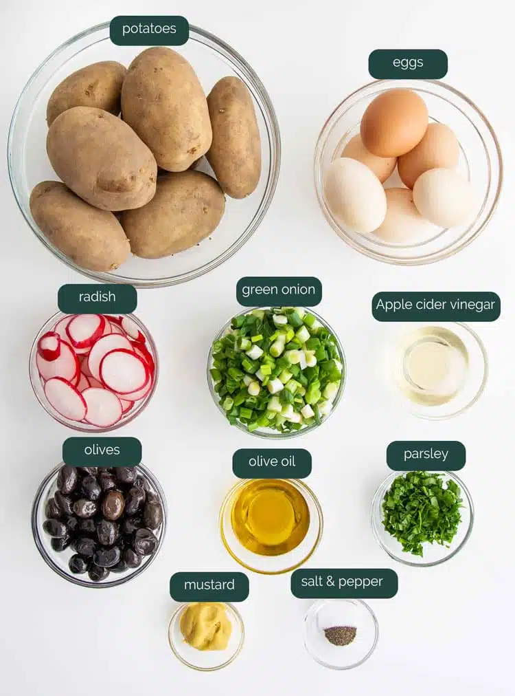 overhead shot of ingredients needed to make spring potato salad