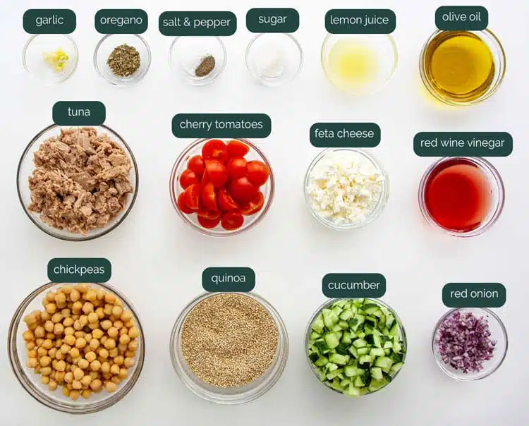 overhead shot of all the ingredients needed to make tuna quinoa salad