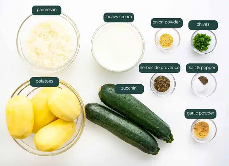 overhead shot of all the ingredients needed to make zucchini potato bake