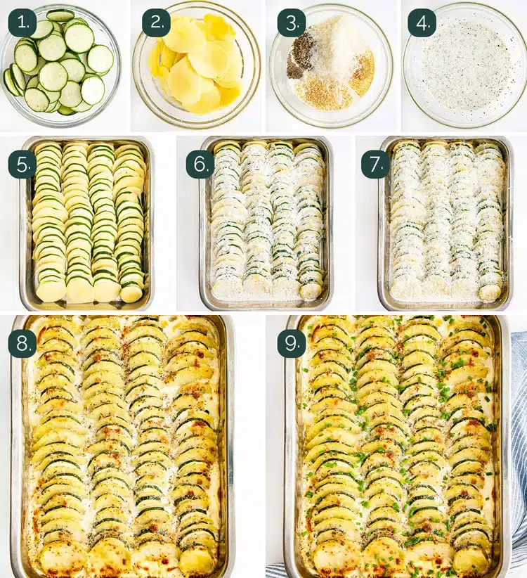 process shots showing how to make zucchini potato bake