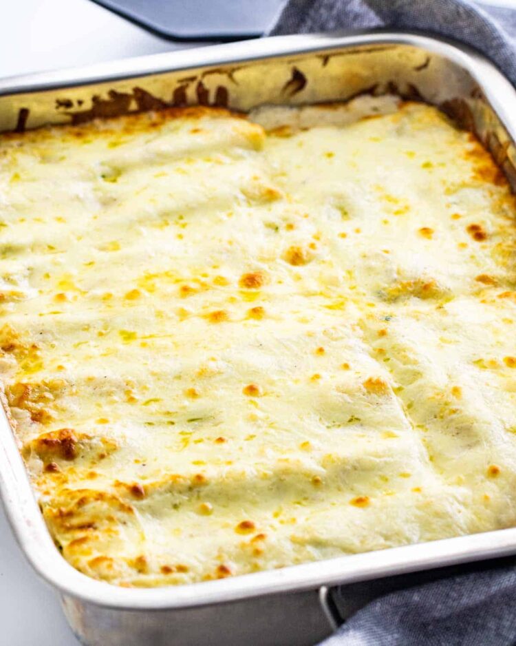 side shot of alfredo lasagna roll ups in a casserole dish fresh out of the oven